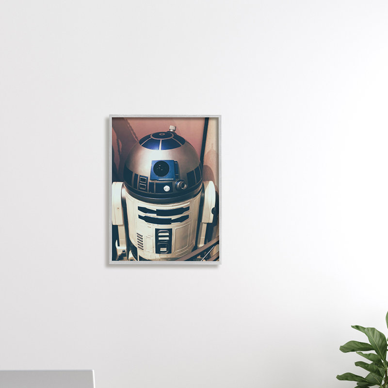 Ae-583 " Iconic Retro Sci-fi Space Robot Blue White ", Farmhouse Gray Framed Giclee, 30" H x 24" W