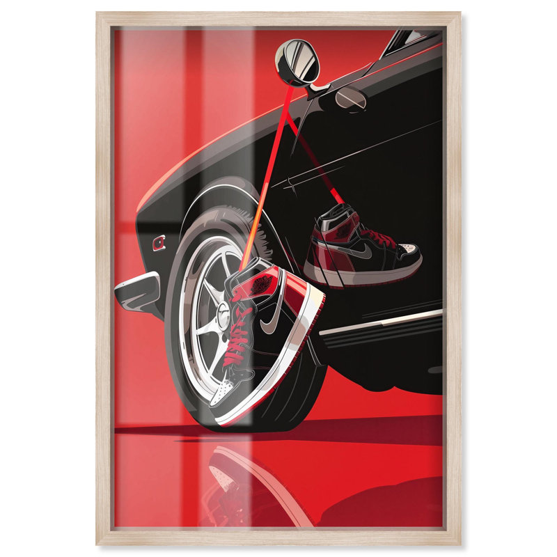 «Red Bold Sneaker and Car Shadowbox», impression d'art mural par Art Remedy, Crème, crème, H 25 po x l 17 po