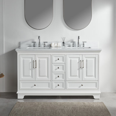 Meuble-lavabo double autoportant entièrement assemblé avec pierre artificielle