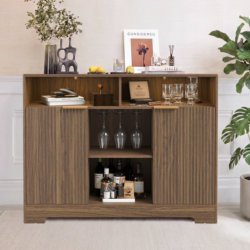 47.2'' W Modern 2-Door Fluted Sideboard With Adjustable Shelves & LED Light, Light Walnut