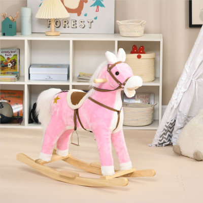 Cheval à bascule rose doux avec son, base en bois moelleux, supporte jusqu'à 77 lb, pour les enfants de 3 à 8 ans