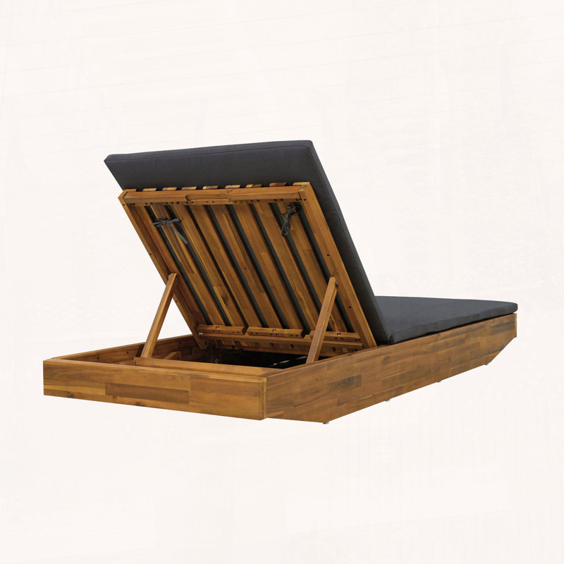 Chaise longue en bois d'acacia avec coussin mince à 2 volets, fauteuil inclinable d'extérieur au fini teck