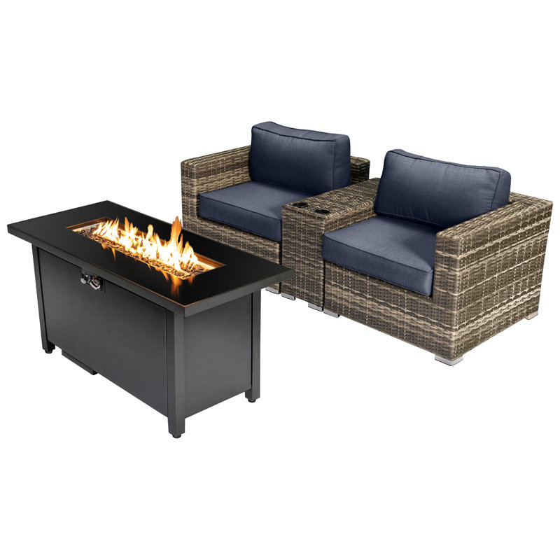Lsi 2 Person Seating Group With  Sunbrella Cushions And Rectangle Metal Firepit, Sunbrella Navy Blue