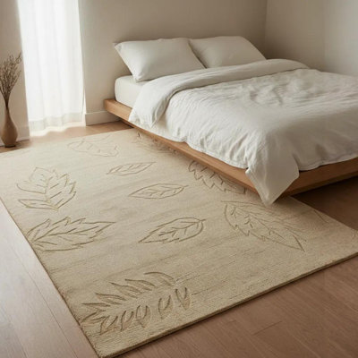 Emilie Authentic Hand-Tufted Handmade Beige & Cream Modern High-Low Carved Falling Leaves Wool Area Rug