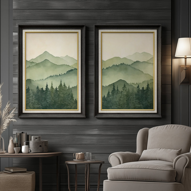 «Green Layered Mountains Serene Atmosp boule» - ensemble de 2 reproductions d'art encadrées de qualité supérieure sur papier 26 po x 36 po