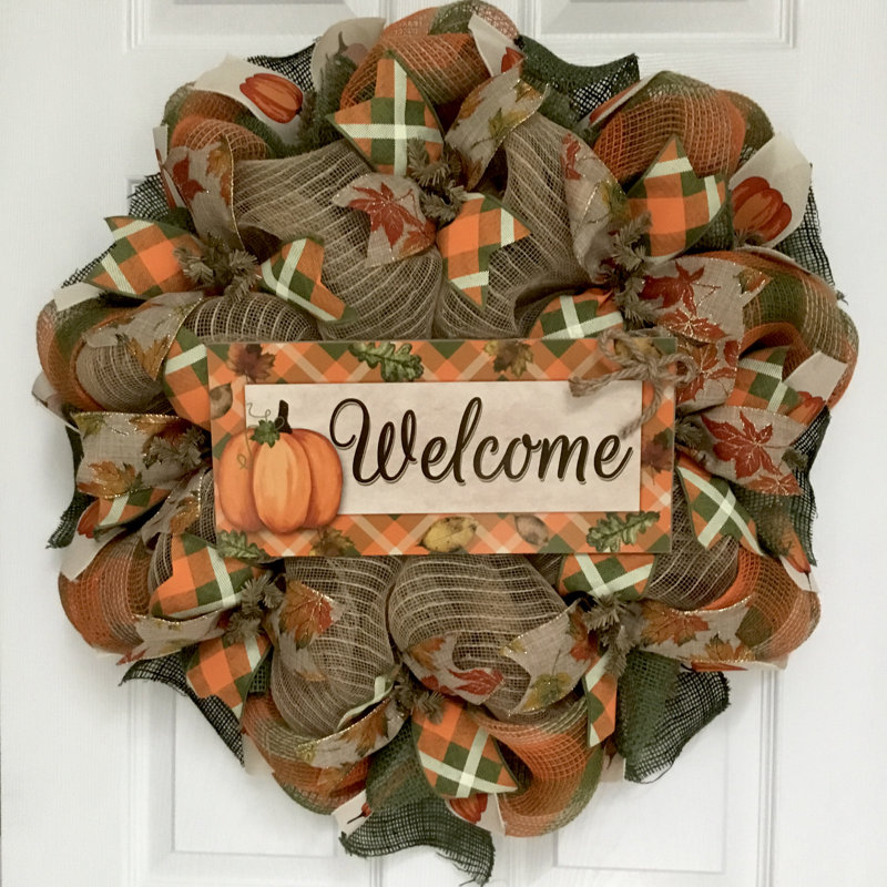 Harvest Welcome Wreath with Pumpkin and Argyle Border