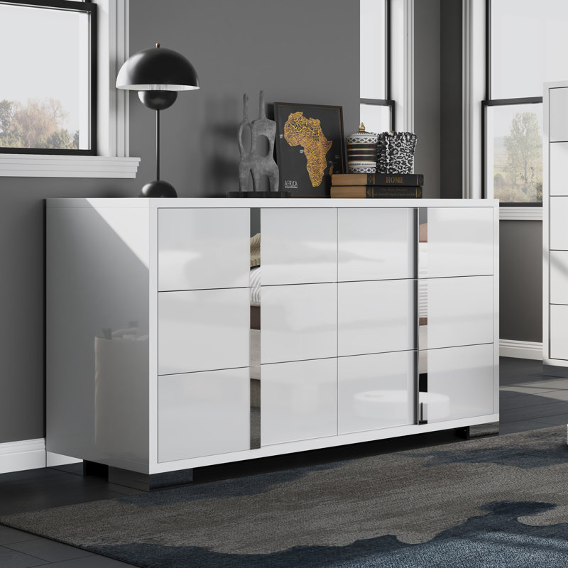 Dulane 54" W Modern High-Gloss 6-Drawer Double Dresser, White