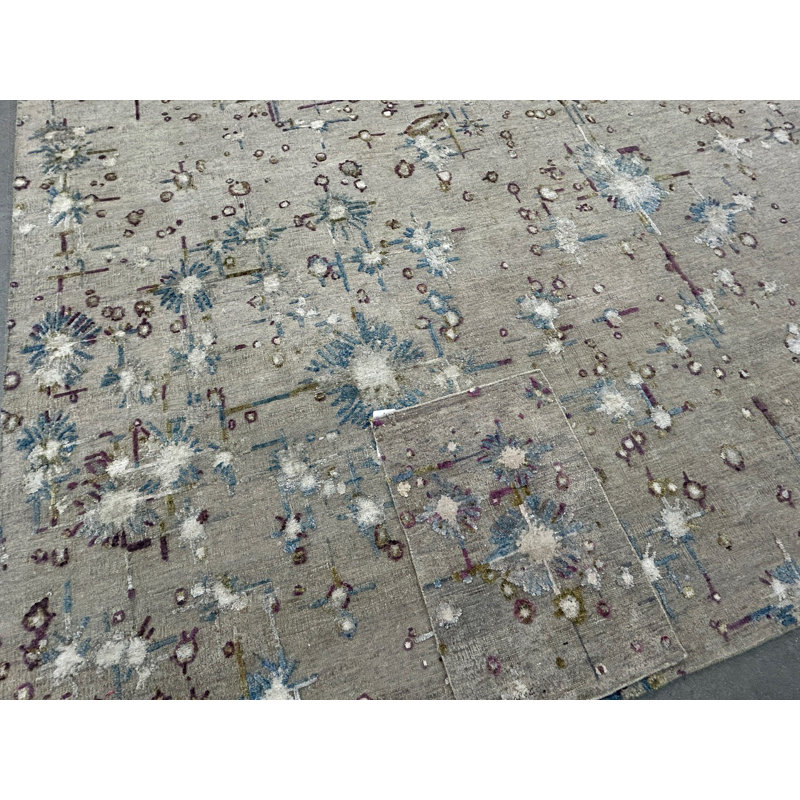 Odyssey Post Modern Organic Abstract Beige Oat Blue Purple White Hand-Knotted Wool/Silk Designer Area Rug / Rug Size: Rectangle