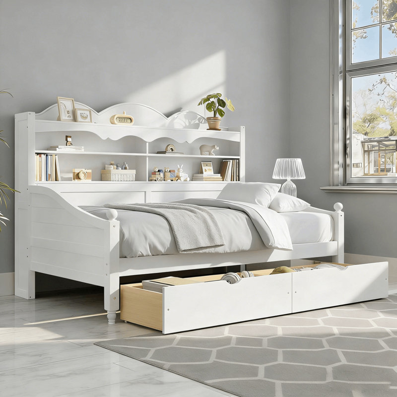 Twin Size Storage Daybed With Bookcase Backrest And 2 Drawers, White