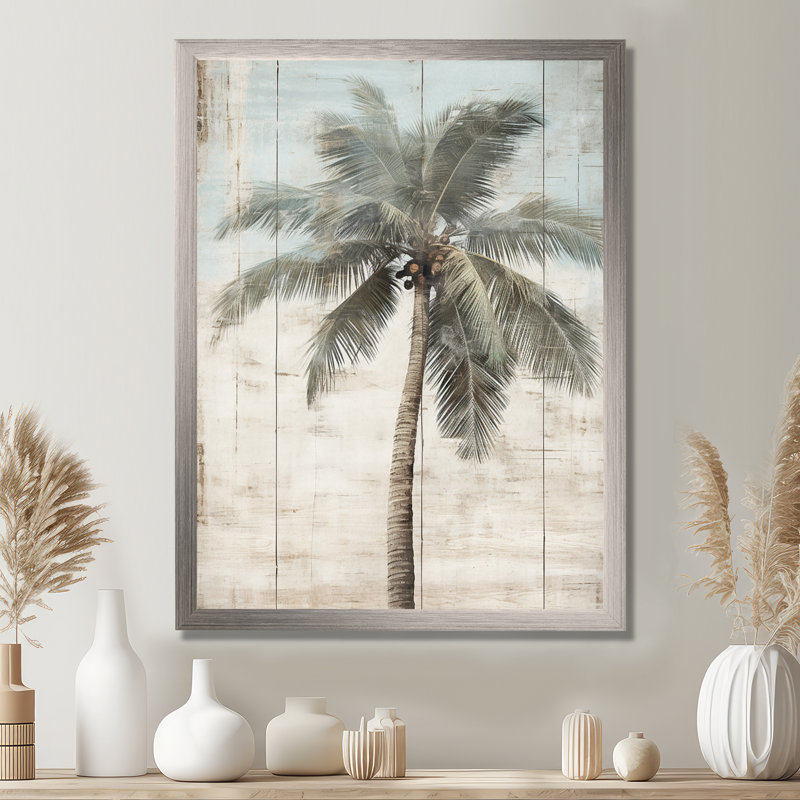 Palmier tropical dans des couleurs rétro délavées - prairie, art mural, H 32 po x l 16 po x P 1 po, Cadre simple argenté