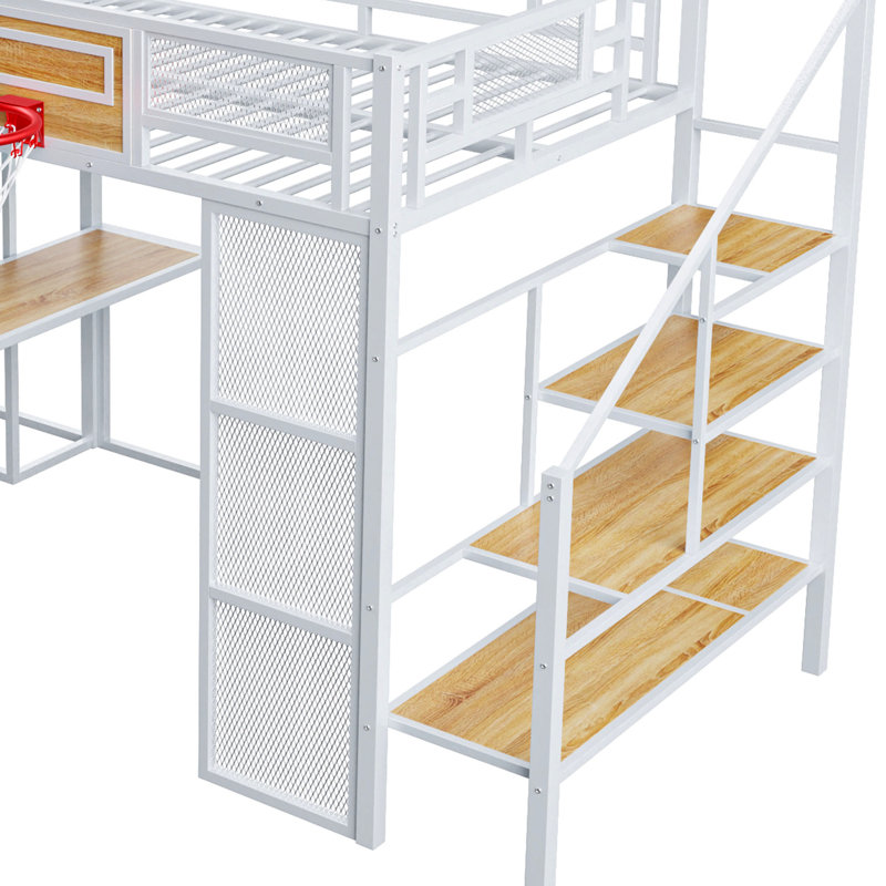 Lit mezzanine en métal blanc Space Room avec bureau, garde-robe, cerceau, glissade et escalier