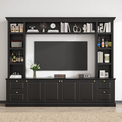 94.8" All-in-One Modern TV Stand with Bookcase, Entertainment Center for TVs Up to 70", Display Storage Cabinet with Wine Rack, 3 Adjustable Shelves, Anti-Tip Device, Living Room Furniture