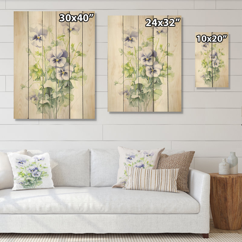 Bouquet d'harmonies vertes et mauves Blossum - Art sur bois de pin naturel, H 40 po x l 30 po