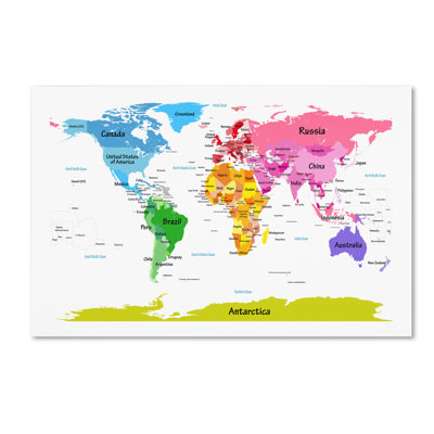 Wrapped Canvas Wall Art - Michael Tompsett 'World Map for Kids II' Wall Art for Living Room, Bedroom, or Office Décor - 12x19