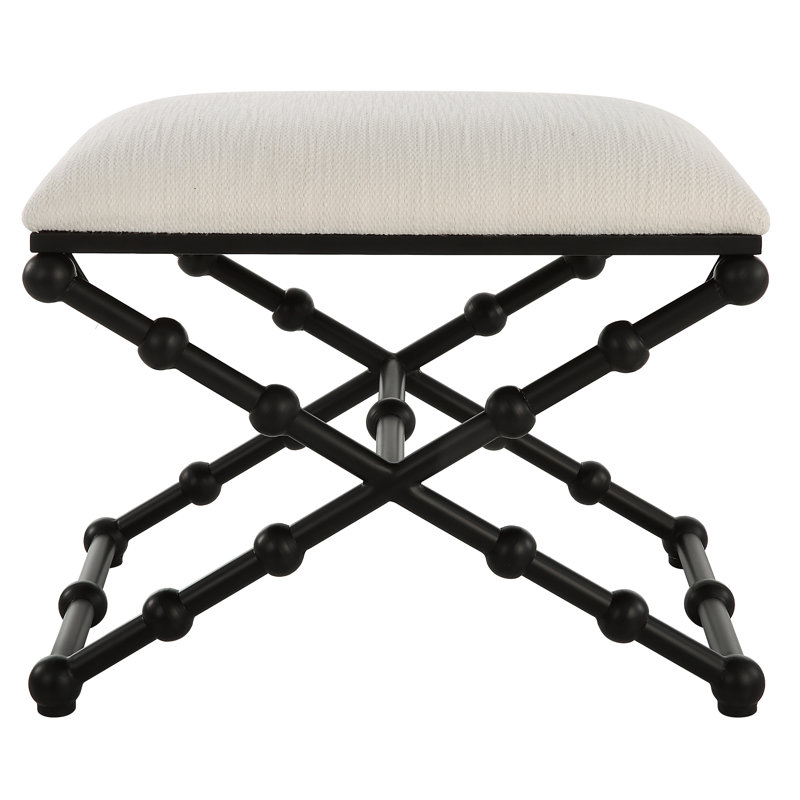 White Polyester Upholstered Bench with Black Iron Frame