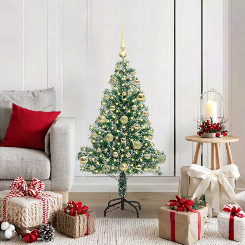 vidaXL Artificial Christmas Tree Snow Flocked with LED Light, 120 cm, with Leds & Gold Balls