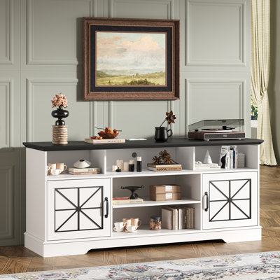 Meuble télé 59 po avec lumières, centre de divertissement avec 2 armoires et 5 rangements cachés, console multimédia pour téléviseur de 70 po ou moins, porte de grange coulissante, meubles de chambre à coucher pour le salon