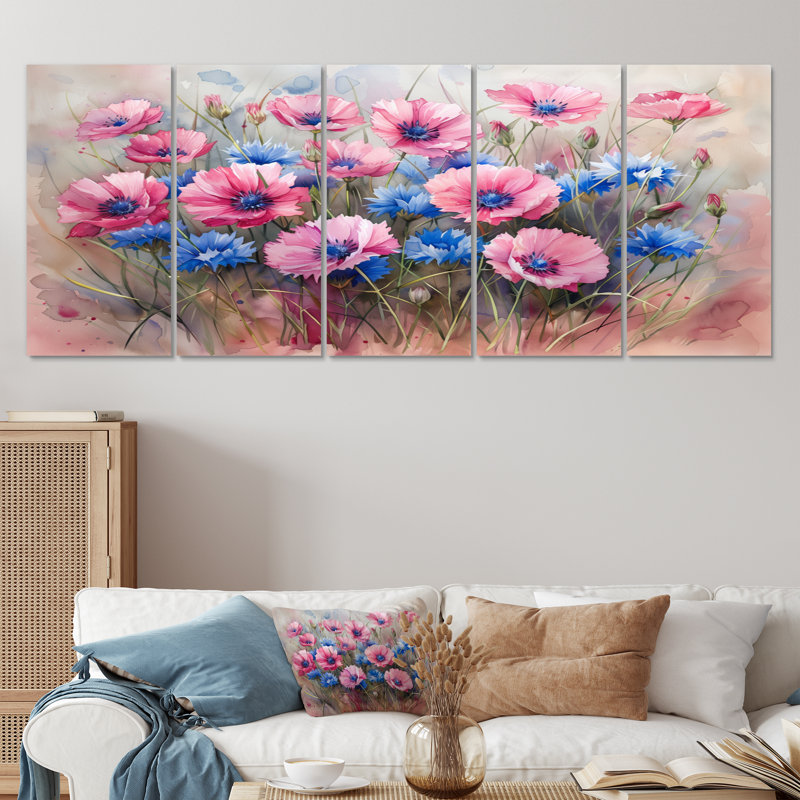 Rose, bleu, bleuet délicat, pétales de bleuet I, ensemble d'art mural, H 32 po x l 80 po