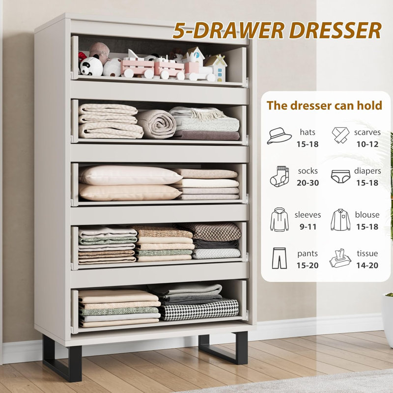 5 Dresser for Bedroom, 50.5" Tall Dresser, Freestanding Drawer with Storage, Wooden Closet Chest Storage for Living Room