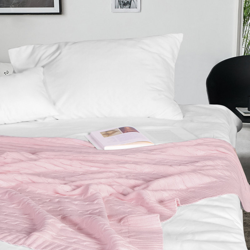 Knitted Throw Blanket, 100% Pure Cotton Throw Blanket, Machine Washable, Comfortable - NTBAY, Baby Pink, 90" L x 68" W