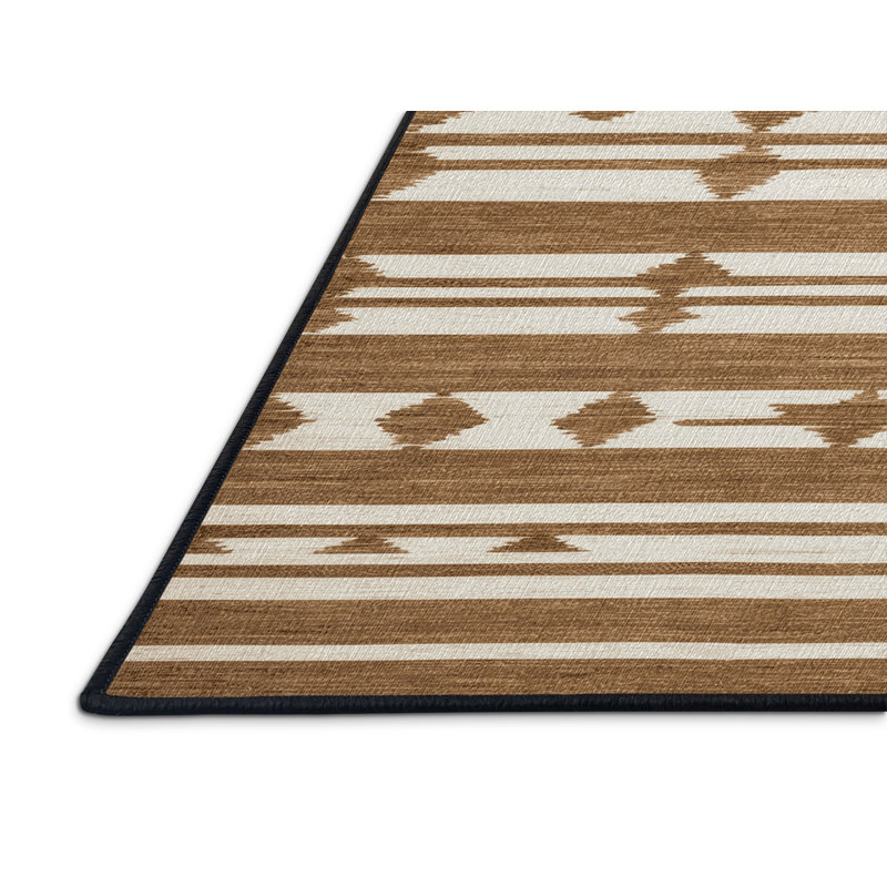 Washable Tan White Striped Area Rug, Square 6'