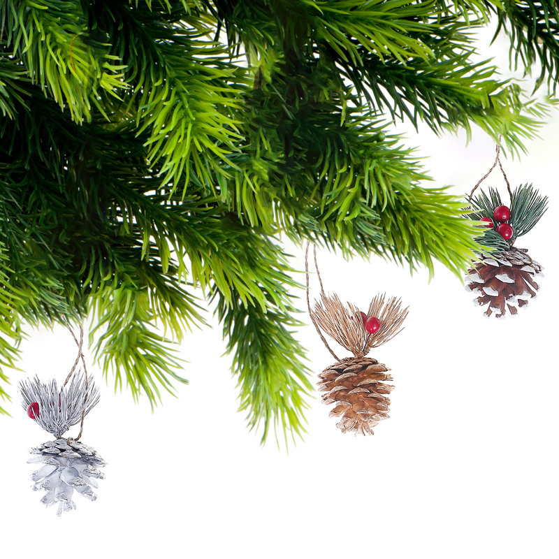 Set of 6 Plastic Pinecone Holiday Ornaments with Berries