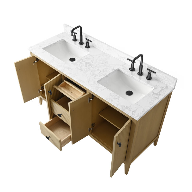 Ensemble de meuble-lavabo double 60 po, Chêne naturel linéaire, Noir mat