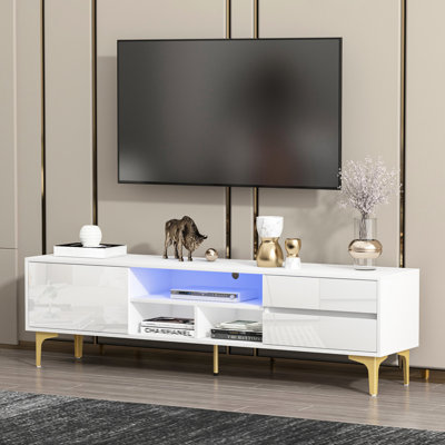 Console de télévision, blanc, avec lumières à DEL réglables de luminosité, pieds dorés, DEL de tiroir Bloom, panneau