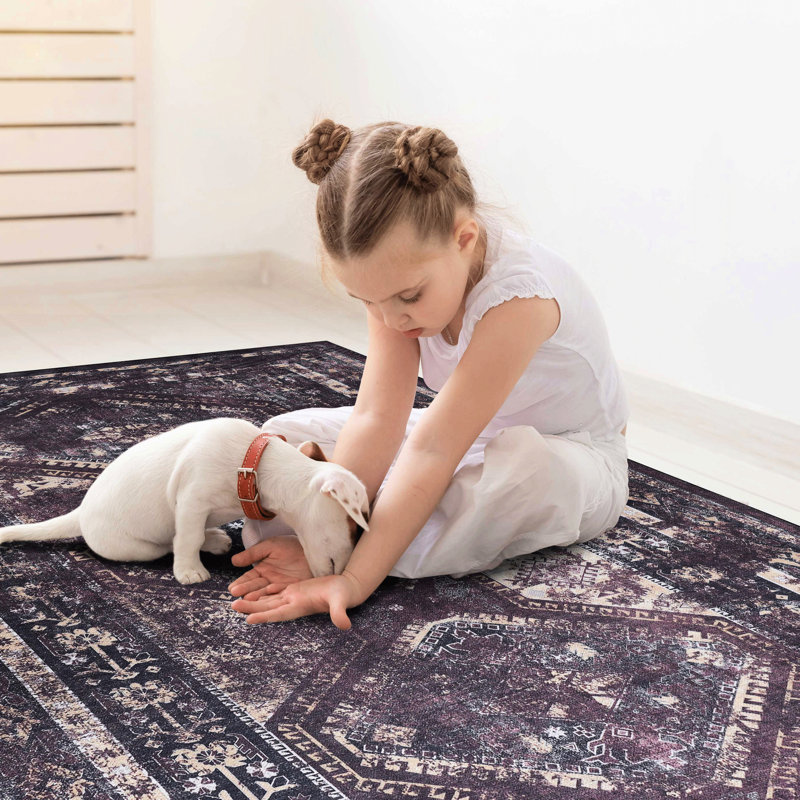 Low-pile Area Rug For Kitchen - Machine Washable, Non-shedding (black + Burgundy, 2'6'' X 10' Non-slip Living Room Low-pile, Pet Safe
