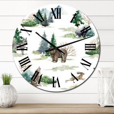 Forest Bear Wolf Rabbit Badger and Fir Trees - Patterned Wall Clock