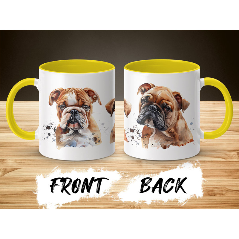 11oz Watercolour English Bulldog Design Coffee Mug, 2, Yellow