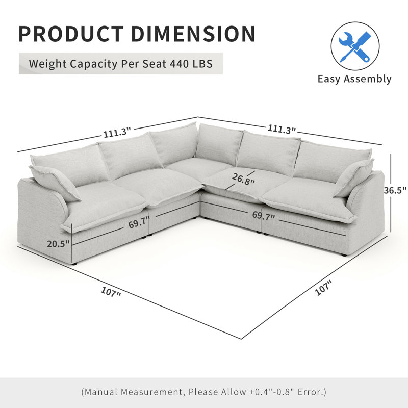 Modular Sectional Couch Down Filled Sofa, Comfty Convertible Deep Seat Cloud Couch For Living Room, Detachable Washable Couches Cushion Covers