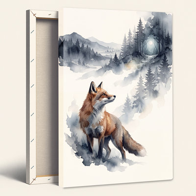 «Red Fox in Watercolor Mountain Forest», art mural sur toile