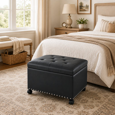 Pouf de rangement moderne de 61 cm en similicuir avec roulettes pour salon