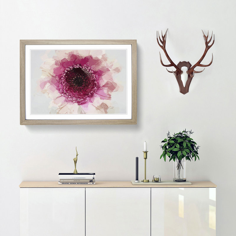 Heart of a Pink Gerbera in Abstract - Picture Frame Graphic Art Print, 36cm H x 48cm W x 2cm D, Oak Framed