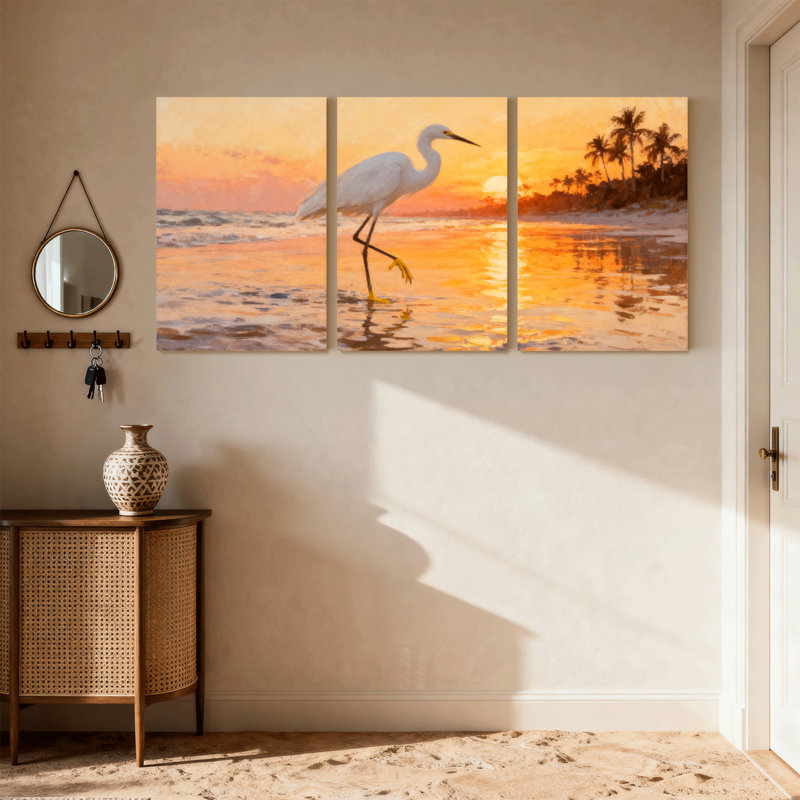 Birds Sunset Beach Heron Reflection Palm Trees Sky Water, ensemble de 3 impressions sur toile, H 36 po x l 72 po