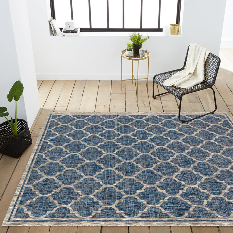 Hague Moroccan Trellis Textured Weave Navy/Gray Indoor/Outdoor Rug, Rectangle 3'11" x 6'