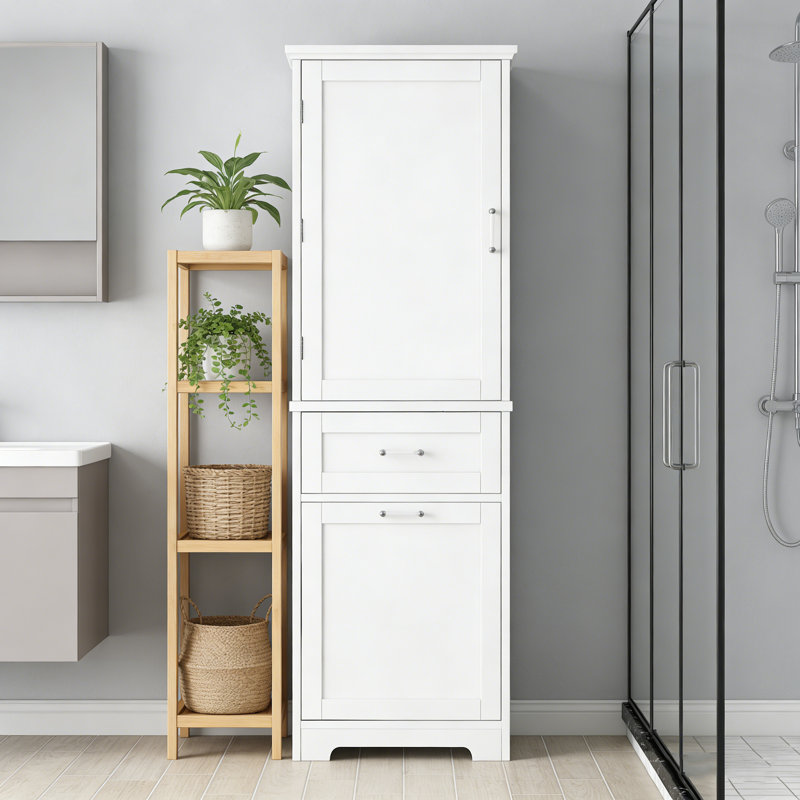 Grande armoire de rangement autoportante pour salle de bain - Deux tiroirs de différentes tailles et tablette réglable, panneau de fibres à densité moyenne peint