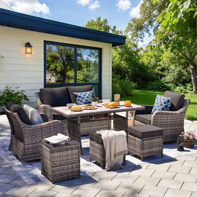 Ensemble de 7 meubles d'extérieur pour patio, ensemble de conversation pour patio en osier avec chaises pivotantes, ensemble de mobilier modulaire pour patio avec causeuse, 2 repose-pieds et table de salle à manger