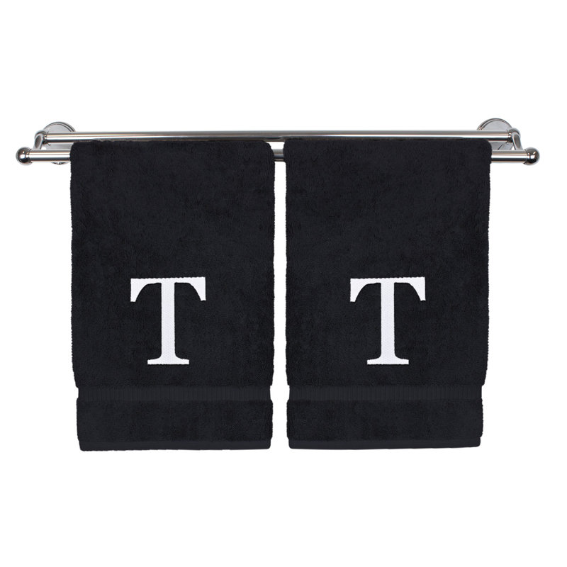 Essuie-mains monogrammés - ensemble de 2 - lettre bloc, Noir / blanc, T
