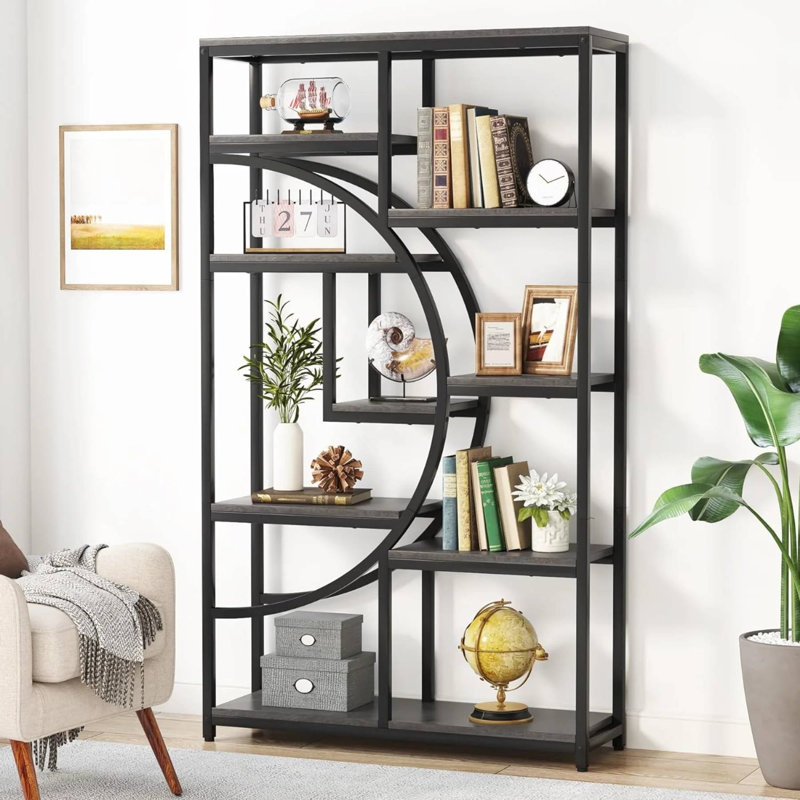 Étagère à livres 68,9 "avec bibliothèque TribeSigns, (5 tablettes) H 68,9 po x l 41,73 po x P 25,59 po, Gris rustique et noir