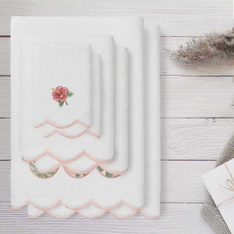  Ensemble de serviettes 100% coton turc MAUI festonné 6 pièces, Blanc / Rose, Ensemble 6 serviettes de bain