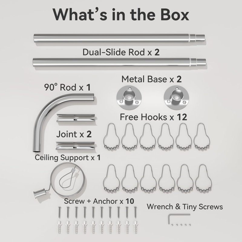 Tringle de douche d'angle réglable en L (24,3 po à 48 po), nickel brossé, 12 crochets et support