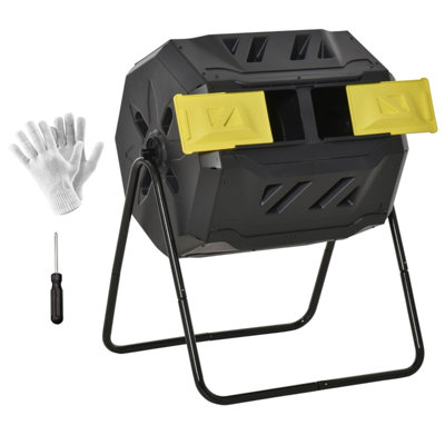 Bac à compost 43 gallons pour l'extérieur, composteur à double chambre avec 8 évents, composteur rotatif sans BPA avec 2 portes coulissantes et cadre en métal pour la cuisine, le jardin et la cour