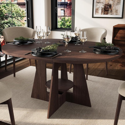 Extendable Dining Table, 43.3"-59" Round to Oval Kitchen Table with Storage Shelf, Wood Pedestal Base, Space-Saving Dining Room Table