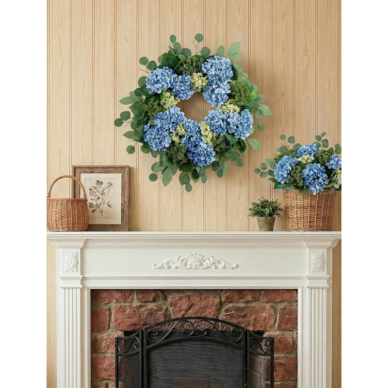 Couronne de porte d'hortensia artificielle - Couronne florale printanière d'été bleu pour l'intérieur et l'extérieur