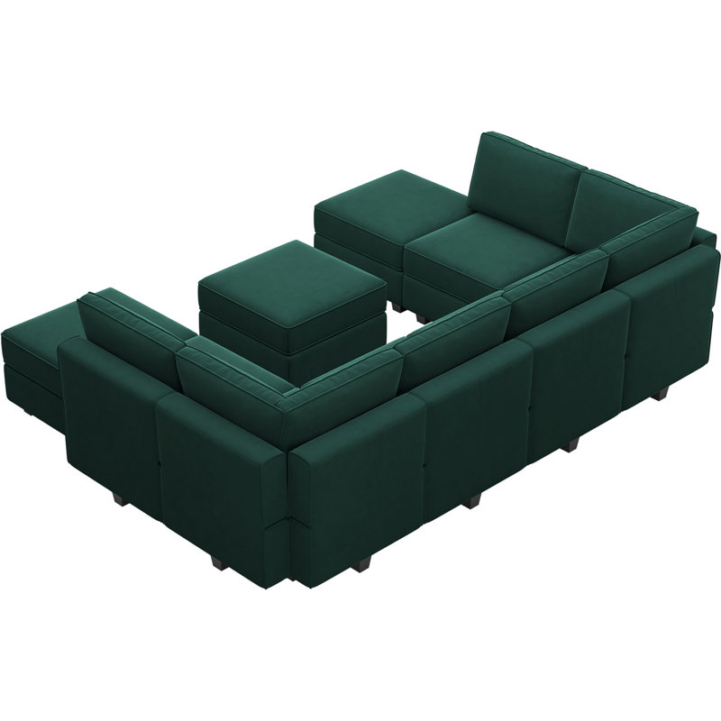 Canapé modulaire en velours modulaire en U avec repose-pieds avec rangement de 116,6 po Wylodene, Velours vert