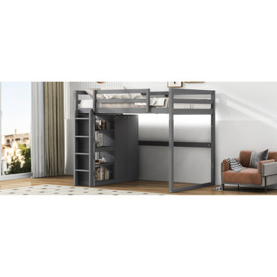Lit mezzanine double en bois avec garde-robe, tablettes, éclairage de bougie à DEL de couleur grise