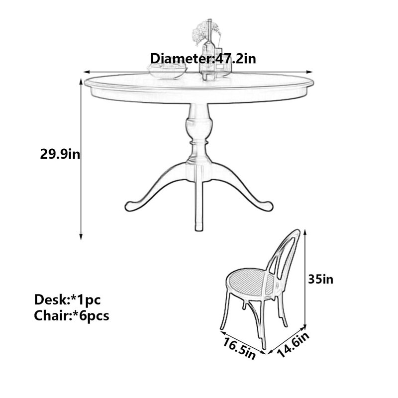 Table de salle à manger Retro American-French, 7 pièces : table, 6 chaises, H 29,9 po x l 47,2 po x P 47,2 po