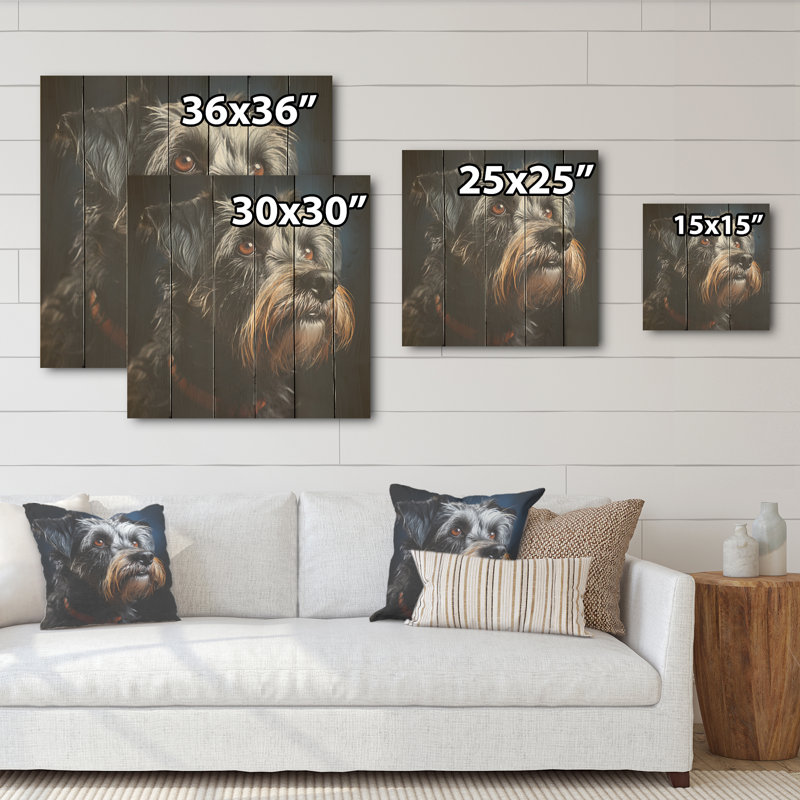 Portrait Schnauzer Sophistication - Art mural en bois sur bois de pin naturel, H 30 po x l 30 po